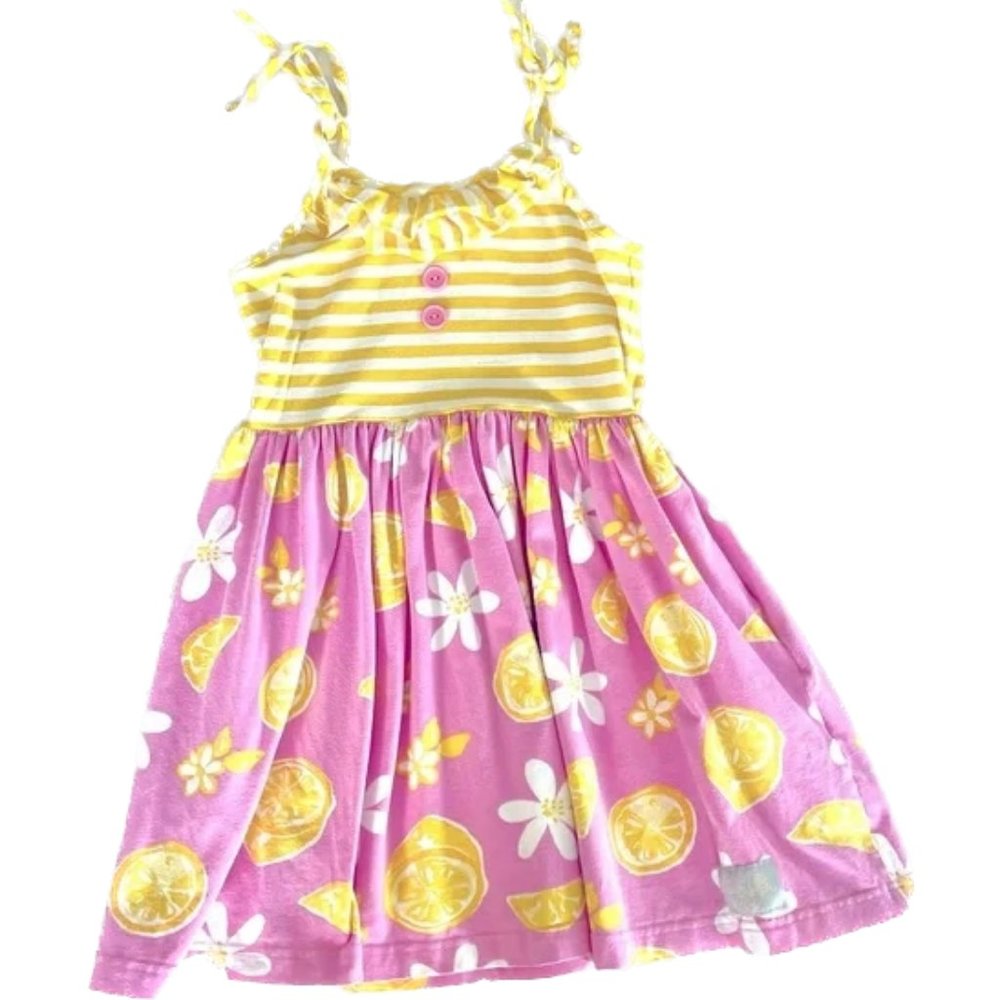 🍋 Eleanor Rose Sundress Lemon Yellow Stripes Pink Flowers Dress girls size 7-8